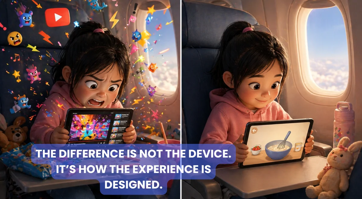 A child in an airplane comparing overstimulating video content with a calm structured app